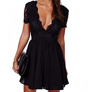 Deep V Plunge Black Lace Party Dress
